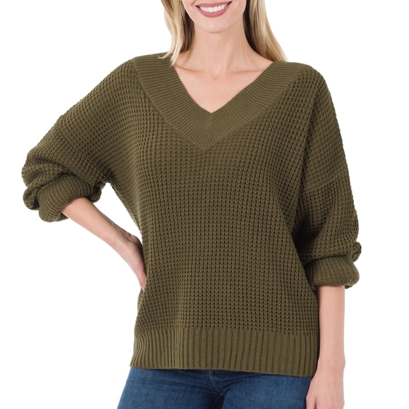 Double V-neck Waffle Sweater - Picture 2 of 3